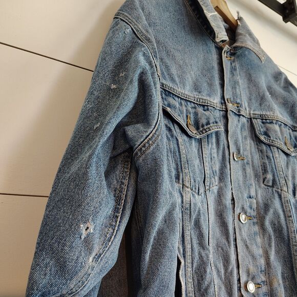 VTG Wrangler Hero MEDIUM Denim Trucker Jacket Men's Faded Workwear Distressed - Picture 8 of 16